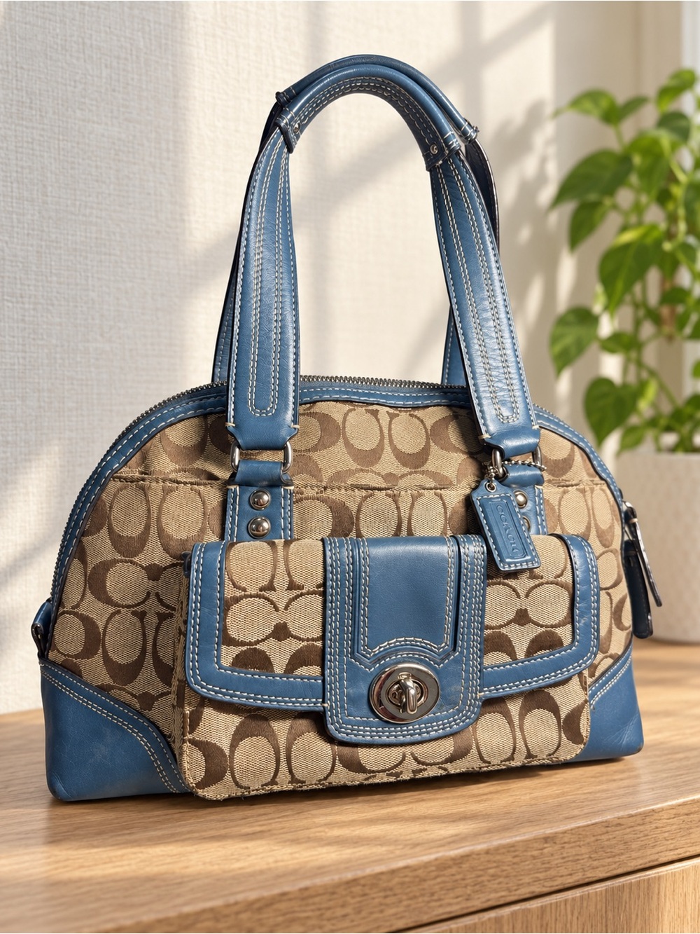 Coach Hampton Dome Signature Canvas Satchel brown tan  with Blue Leather Trim
